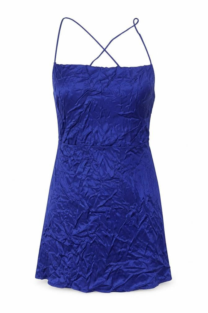 Front view of Zara women’s blue viscose mini, size S, square neck tie
