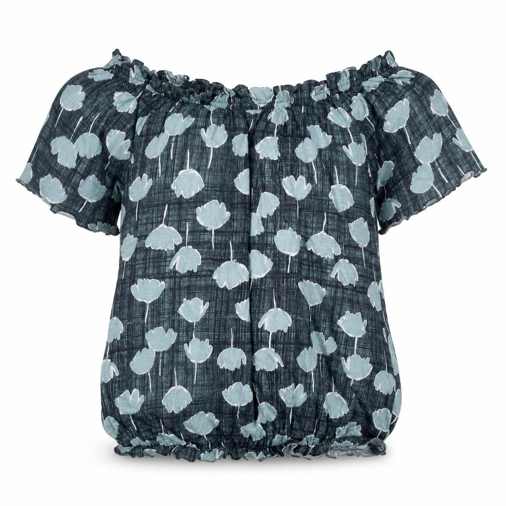 Front view of Next women’s blue geometric cotton basic blouse, size UK 14, boat neck - rouched floral print