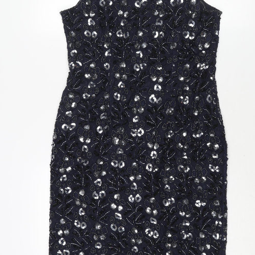 Sensations Womens Blue Geometric Nylon Shift Size 12 Scoop Neck Zip - Sequin