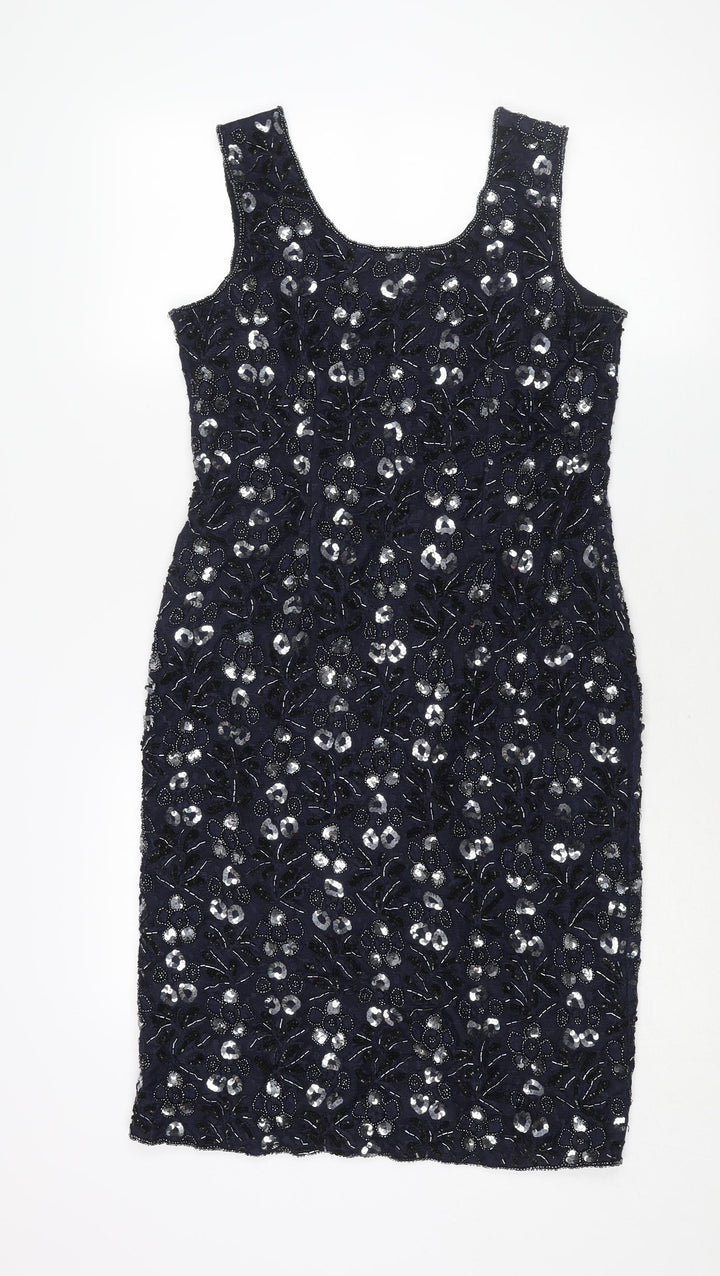 Sensations Womens Blue Geometric Nylon Shift Size 12 Scoop Neck Zip - Sequin
