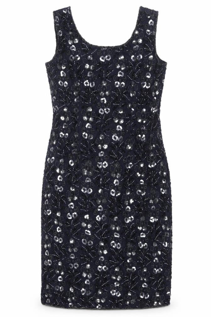 Front view of Sensations women’s blue geometric nylon shift, size UK 12, scoop neck zip - sequin