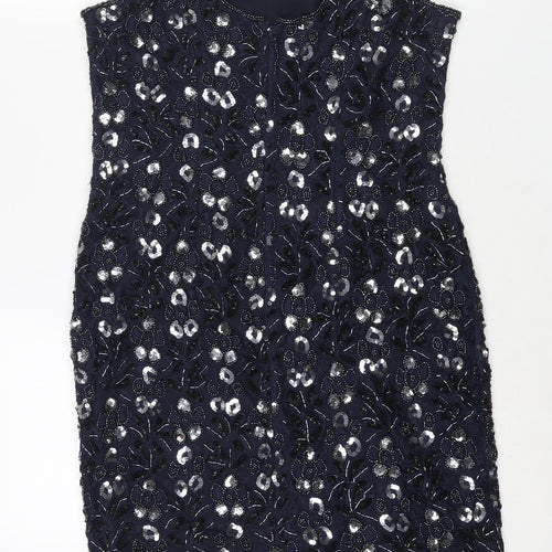 Sensations Womens Blue Geometric Nylon Shift Size 12 Scoop Neck Zip - Sequin