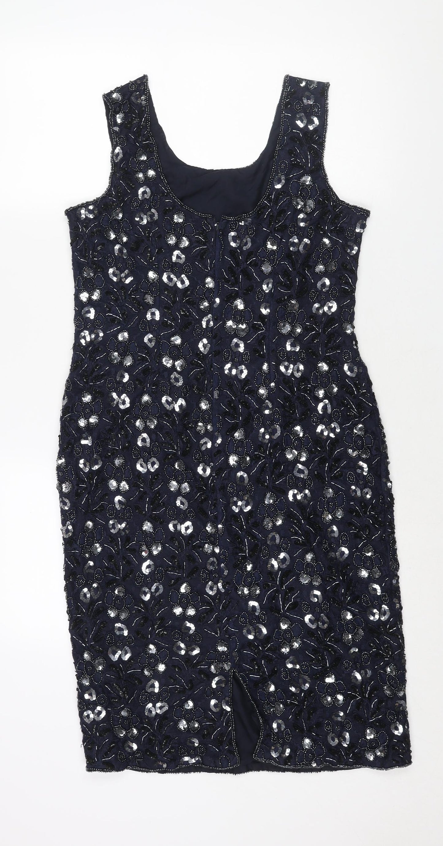 Sensations Womens Blue Geometric Nylon Shift Size 12 Scoop Neck Zip - Sequin