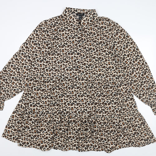 New Look Womens Beige Animal Print Polyester Shirt Dress Size 18 Collared Button - Smocked Leopard Print