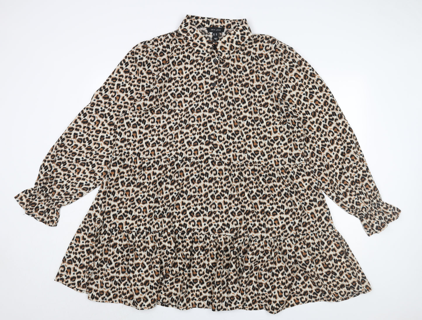 New Look Womens Beige Animal Print Polyester Shirt Dress Size 18 Collared Button - Smocked Leopard Print