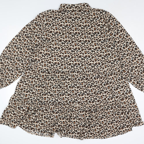 New Look Womens Beige Animal Print Polyester Shirt Dress Size 18 Collared Button - Smocked Leopard Print