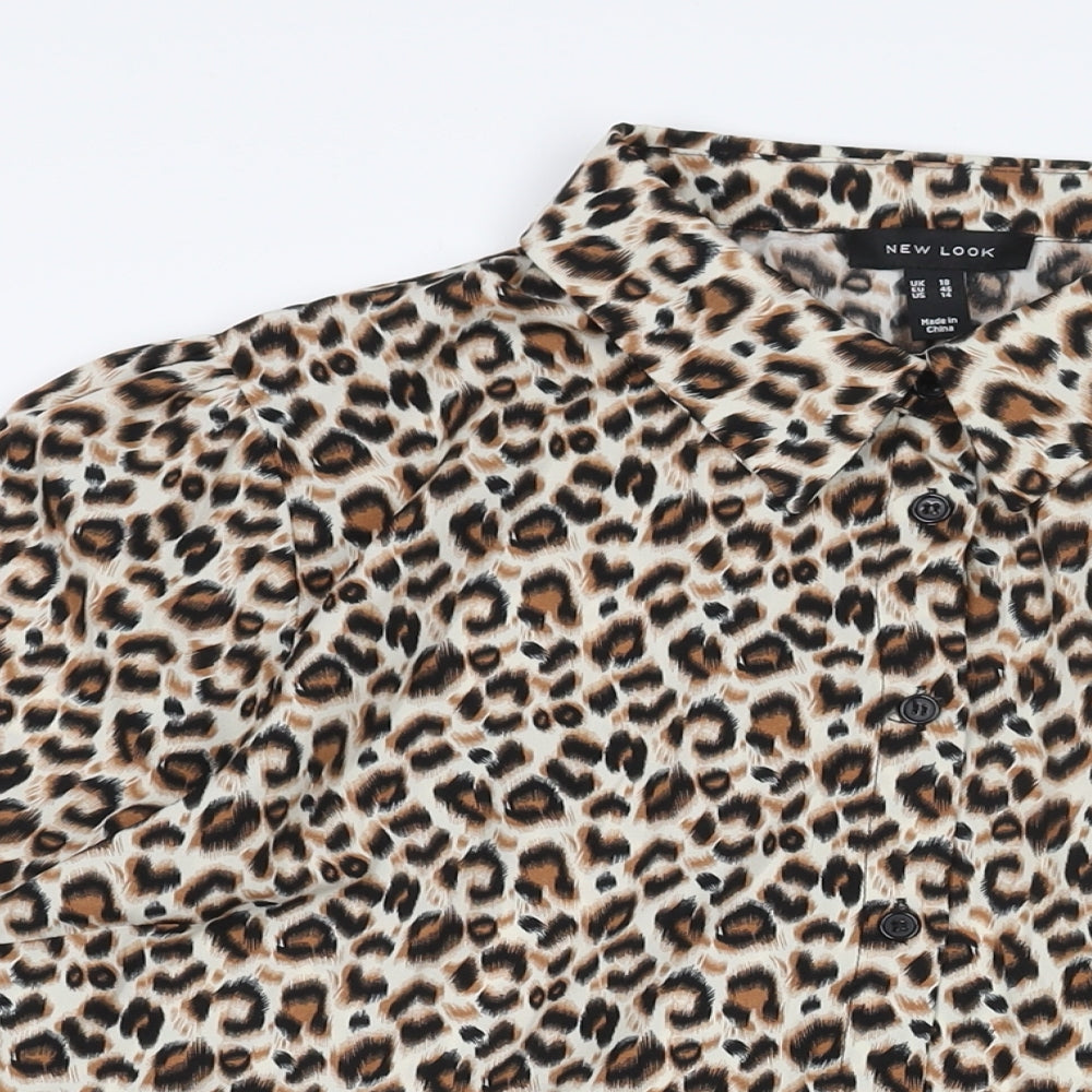 New Look Womens Beige Animal Print Polyester Shirt Dress Size 18 Collared Button - Smocked Leopard Print