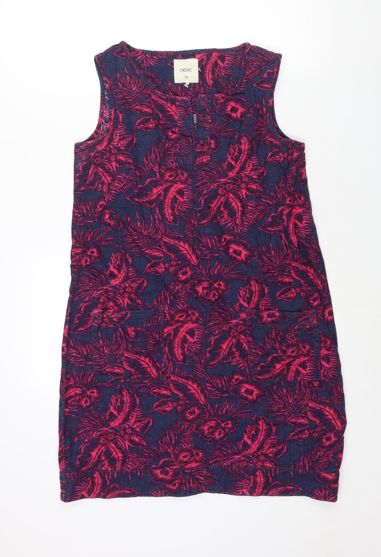 NEXT Womens Blue Floral Linen Shift Size 12 V-Neck Pullover