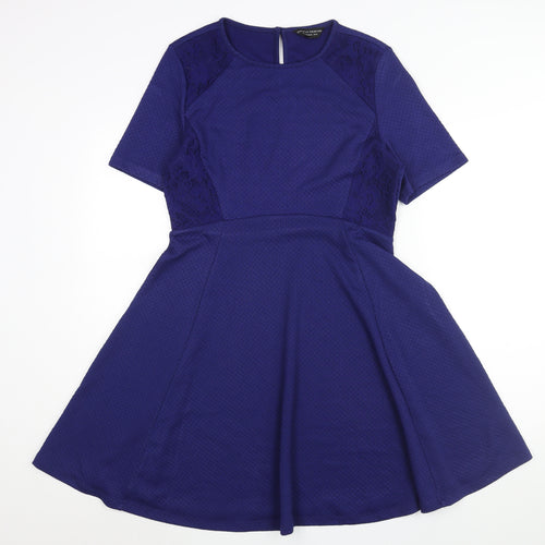 Dorothy Perkins Womens Blue Polyester Fit & Flare Size 14 Round Neck Button - Lace Detail