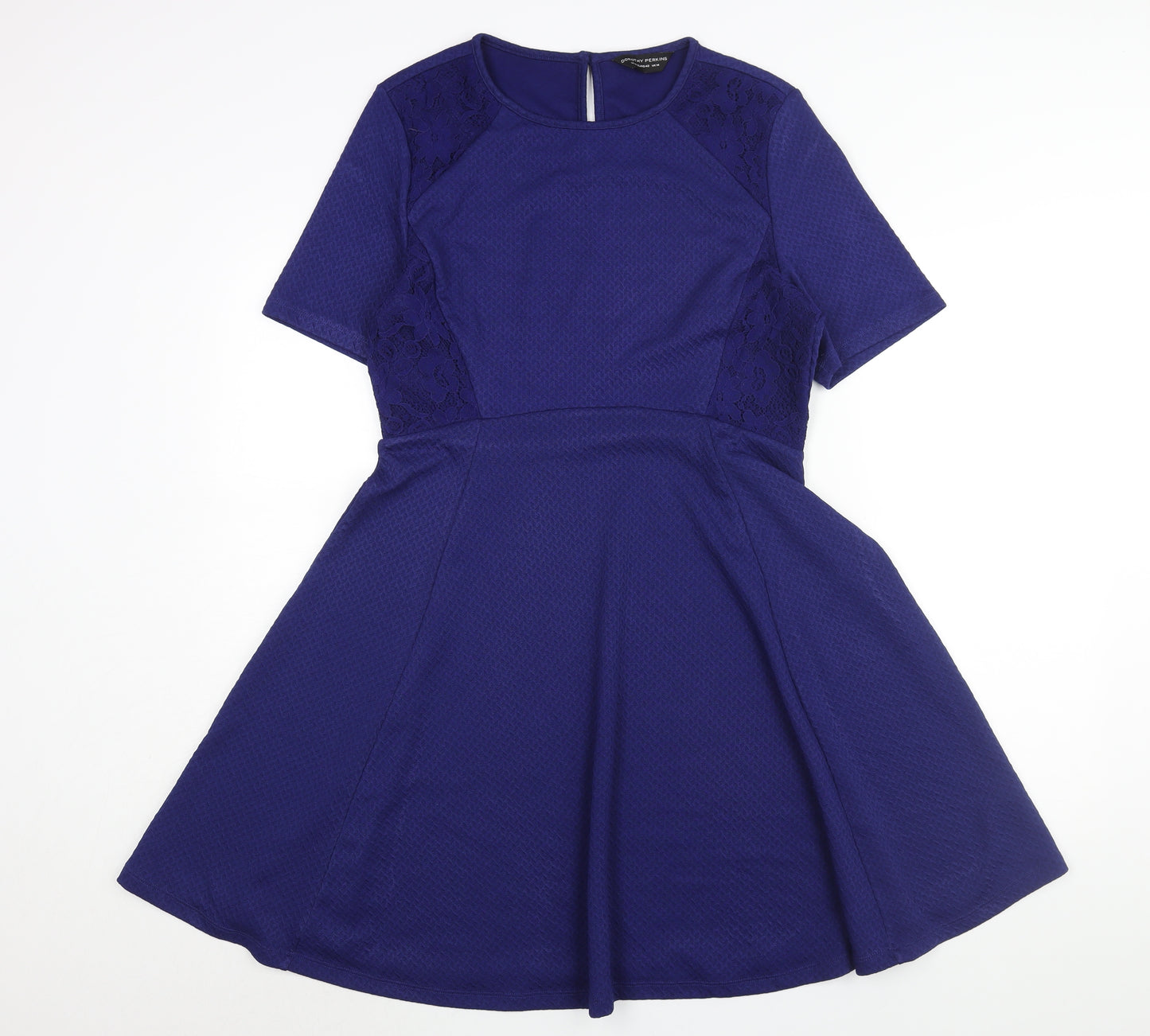 Dorothy Perkins Womens Blue Polyester Fit & Flare Size 14 Round Neck Button - Lace Detail