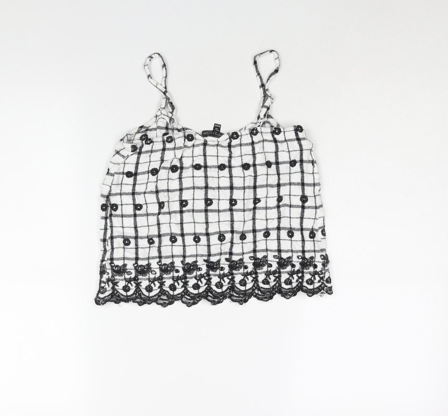 Topshop Womens White Geometric Viscose Camisole Blouse Size 12 Scoop Neck - Embroidered Detail