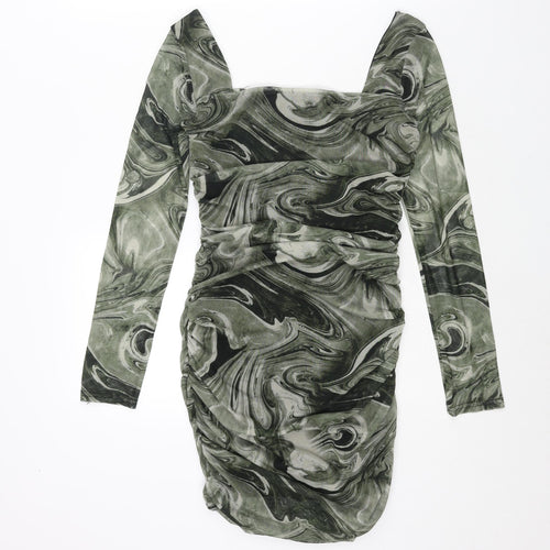 Pink Vanilla Womens Green Geometric Polyester Mini Size 8 Square Neck Pullover - Rouched Marble Print