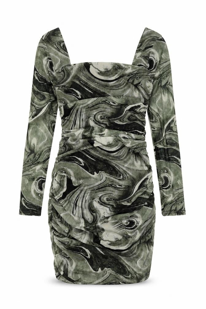 Front view of Pink Vanilla women’s green geometric polyester mini, size UK 8, square neck pullover - rouched marble print