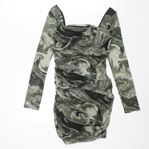 Pink Vanilla Womens Green Geometric Polyester Mini Size 8 Square Neck Pullover - Rouched Marble Print