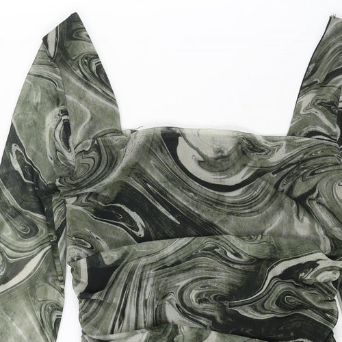 Pink Vanilla Womens Green Geometric Polyester Mini Size 8 Square Neck Pullover - Rouched Marble Print