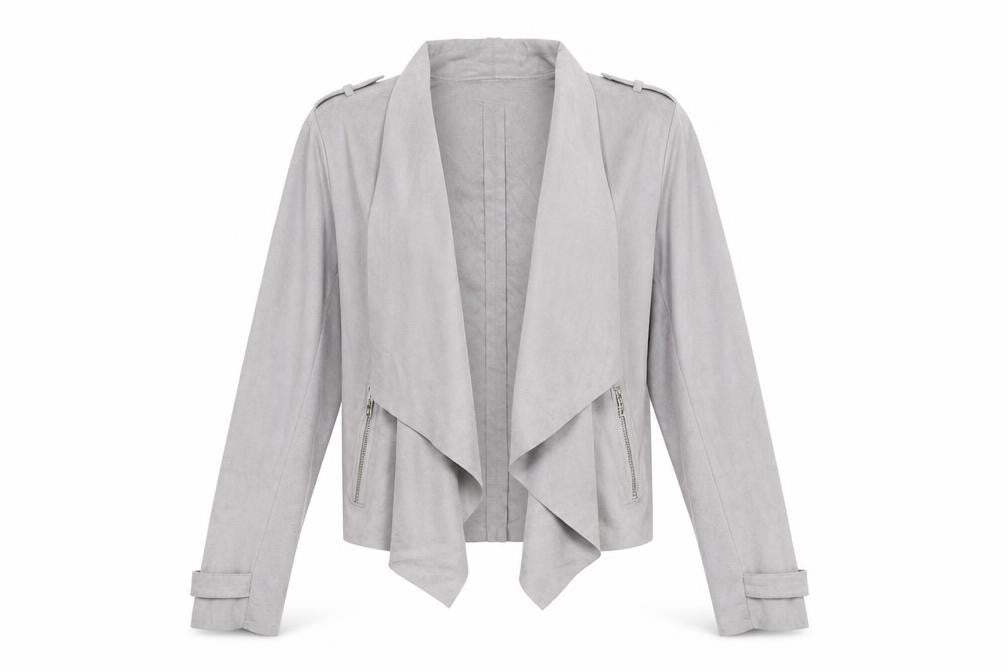 Front view of River Island women’s grey jacket, size UK 10, - waterfall front