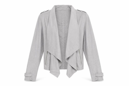 Front view of River Island women’s grey jacket, size UK 10, - waterfall front