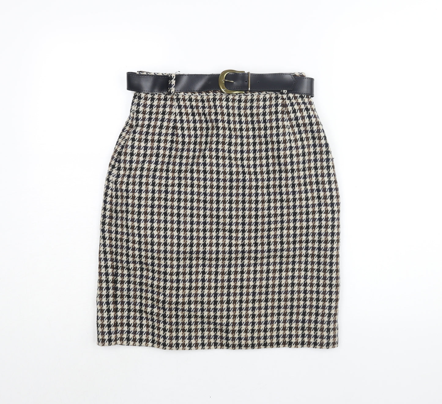 C&A Womens Multicoloured Check Polyester Straight & Pencil Skirt Size 12 Zip - Belted Houndstooth