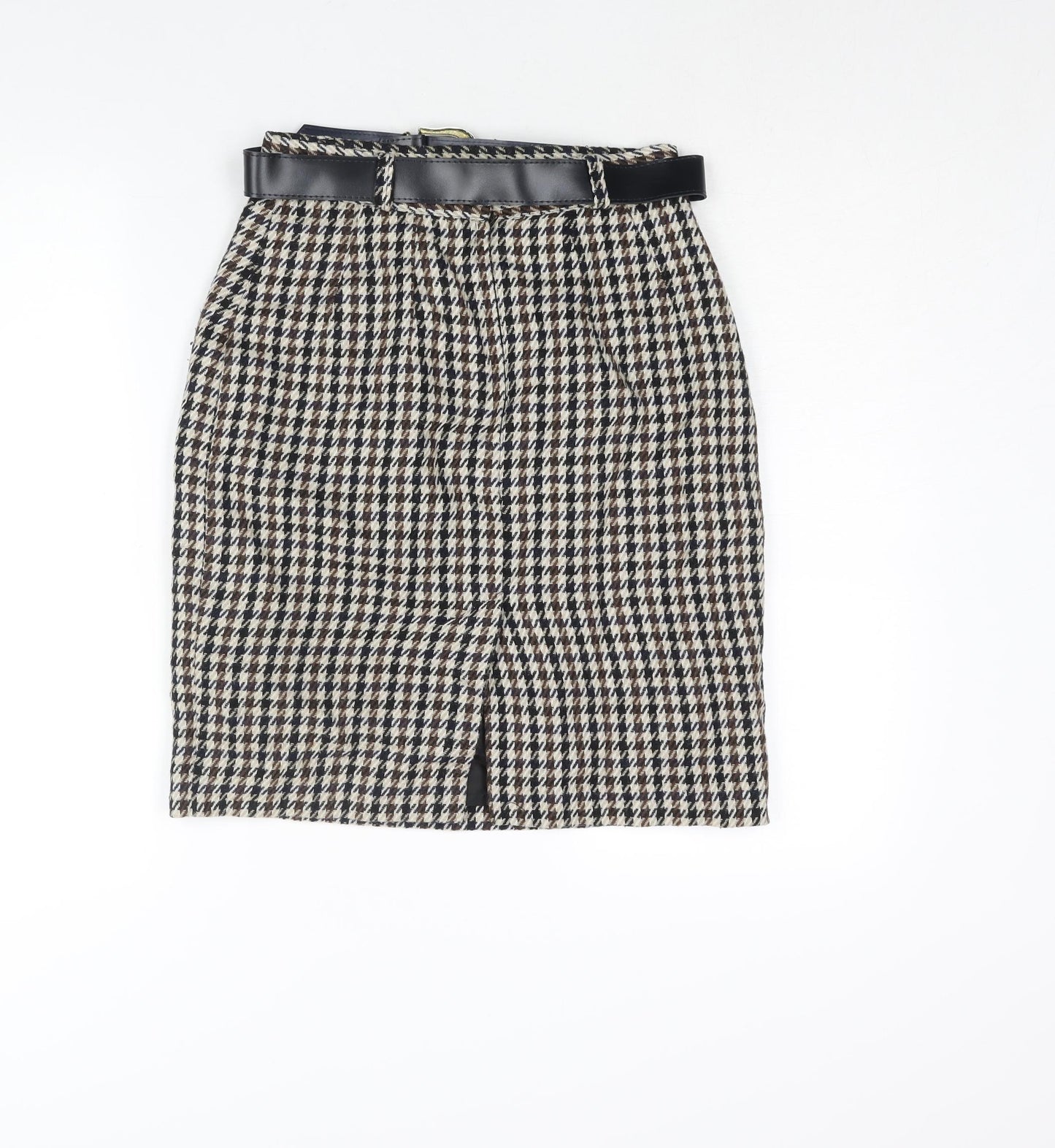 C&A Womens Multicoloured Check Polyester Straight & Pencil Skirt Size 12 Zip - Belted Houndstooth