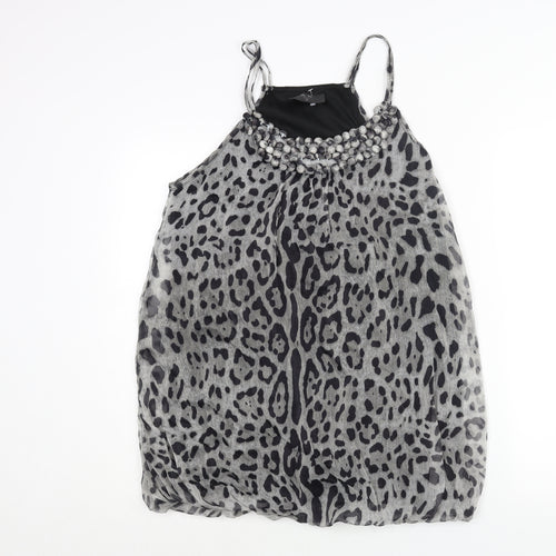 AX Paris Womens Grey Animal Print Polyester Mini Size 14 Scoop Neck Pullover - Jaguar Print Button Neckline