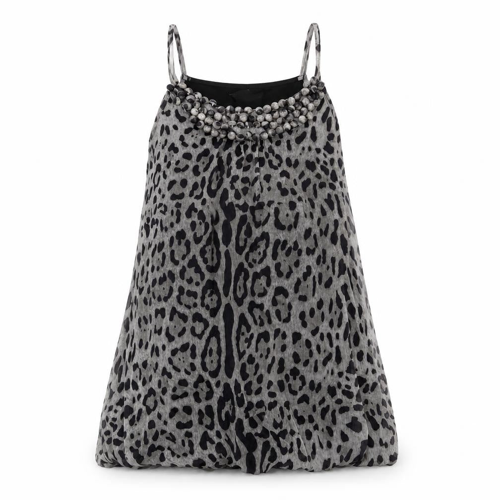 AX Paris Womens Grey Animal Print Polyester Mini Size 14 Scoop Neck Pullover - Jaguar Print Button Neckline