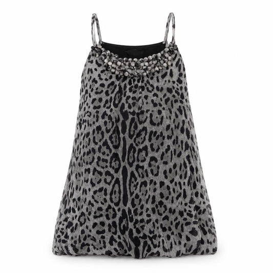 Front view of AX Paris women’s grey animal print polyester mini, scoop neck pullover - jaguar print button neckline