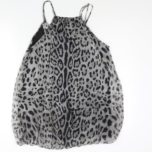 AX Paris Womens Grey Animal Print Polyester Mini Size 14 Scoop Neck Pullover - Jaguar Print Button Neckline