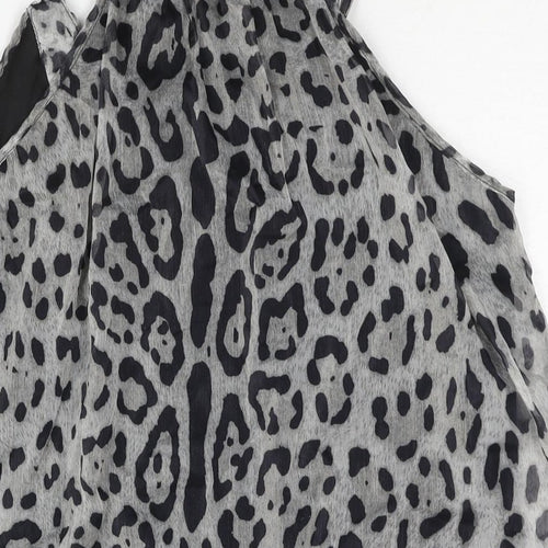 AX Paris Womens Grey Animal Print Polyester Mini Size 14 Scoop Neck Pullover - Jaguar Print Button Neckline