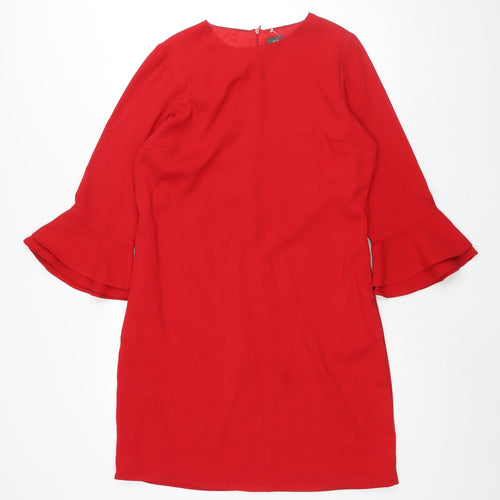 Sosandar Womens Red Polyester Shift Size 14 Round Neck Zip - Bell Sleeve Pockets