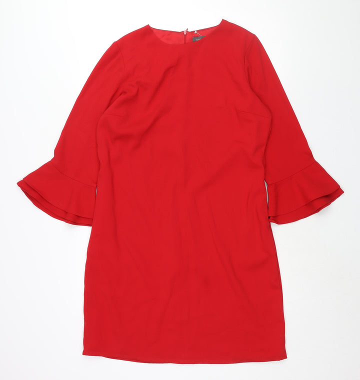 Sosandar Womens Red Polyester Shift Size 14 Round Neck Zip - Bell Sleeve Pockets