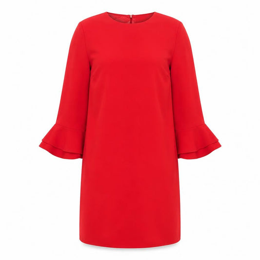 Front view of Sonsandar women’s red polyester shift, size UK 14, round neck zip - bell sleeve pockets