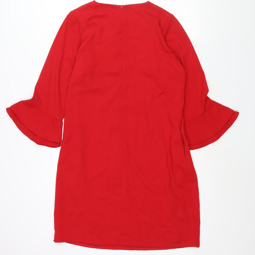 Sosandar Womens Red Polyester Shift Size 14 Round Neck Zip - Bell Sleeve Pockets