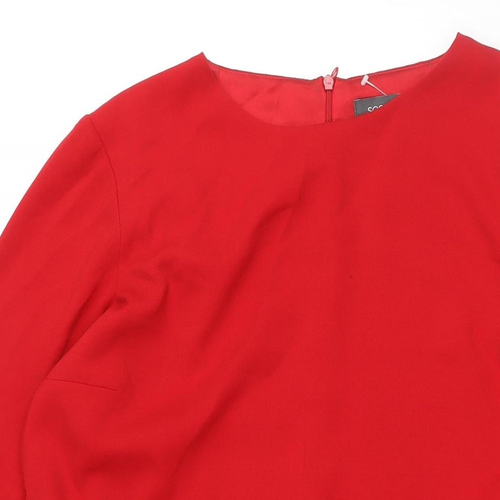 Sosandar Womens Red Polyester Shift Size 14 Round Neck Zip - Bell Sleeve Pockets