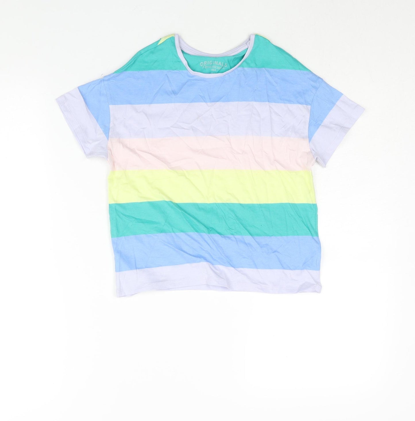 Marks and Spencer Boys Multicoloured Striped Cotton Basic T-Shirt Size 7-8 Years Round Neck Pullover