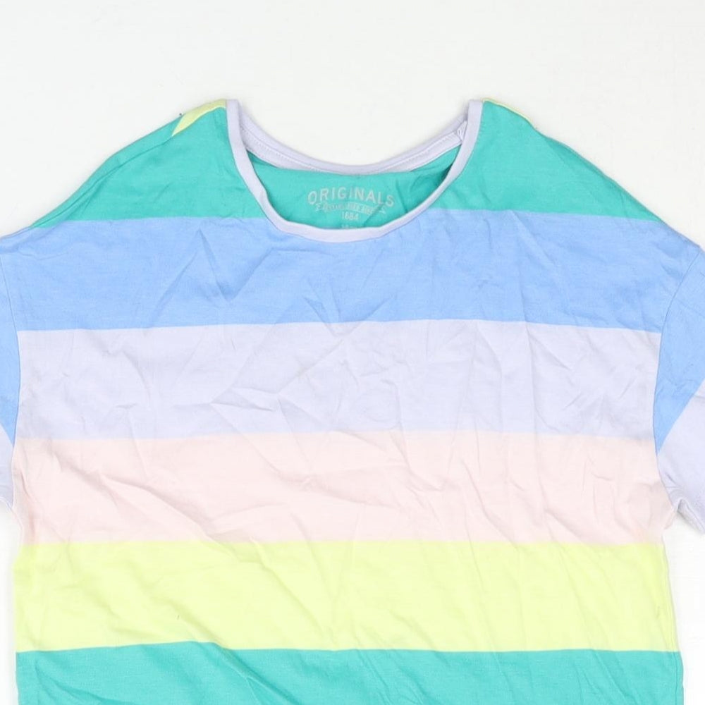 Marks and Spencer Boys Multicoloured Striped Cotton Basic T-Shirt Size 7-8 Years Round Neck Pullover
