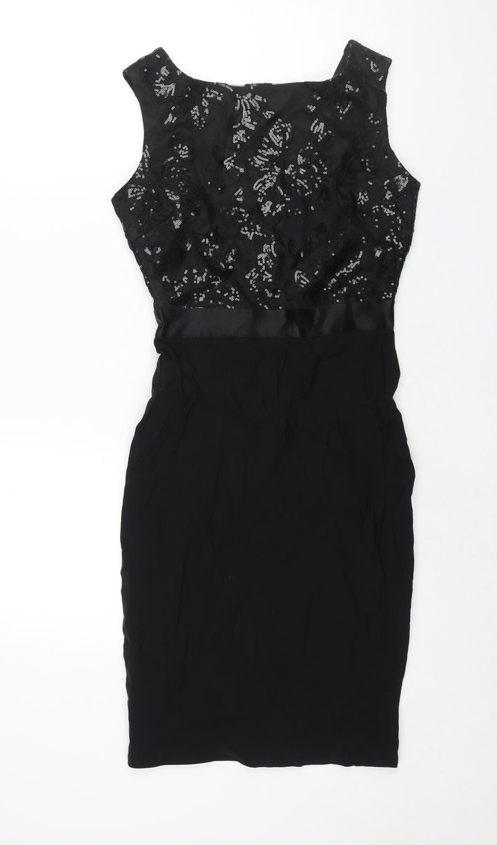 GODDIVA Womens Black Polyester Pencil Dress Size 8 Boat Neck Zip - Sequin Bodice