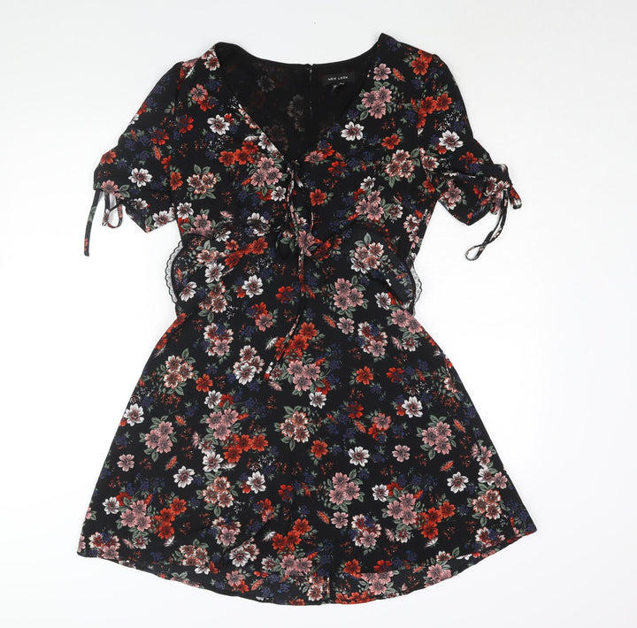 New Look Womens Black Floral Polyester A-Line Size 10 V-Neck Zip - Frill Lace Trim Drawstring