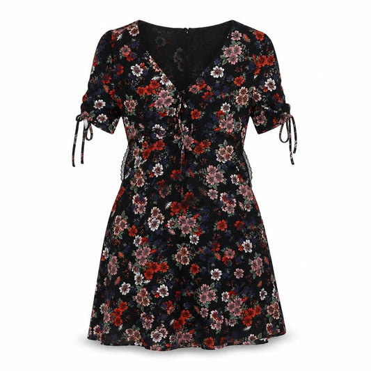Front view of New Look women’s black floral polyester a-line, size UK 10, v-neck zip - frill lace trim drawstring