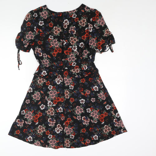 New Look Womens Black Floral Polyester A-Line Size 10 V-Neck Zip - Frill Lace Trim Drawstring