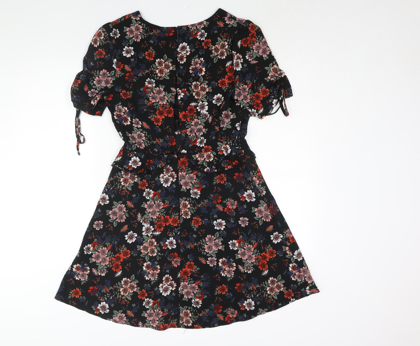 New Look Womens Black Floral Polyester A-Line Size 10 V-Neck Zip - Frill Lace Trim Drawstring