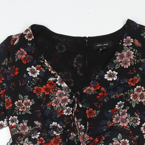 New Look Womens Black Floral Polyester A-Line Size 10 V-Neck Zip - Frill Lace Trim Drawstring