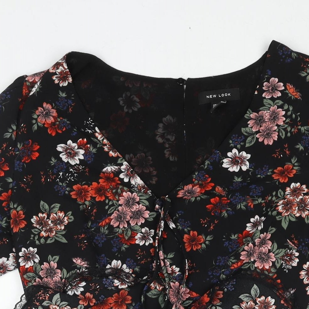 New Look Womens Black Floral Polyester A-Line Size 10 V-Neck Zip - Frill Lace Trim Drawstring