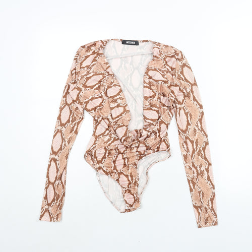Misguided Womens Beige Animal Print Polyester Bodysuit One-Piece Size 4 Snap - Plunge Neck