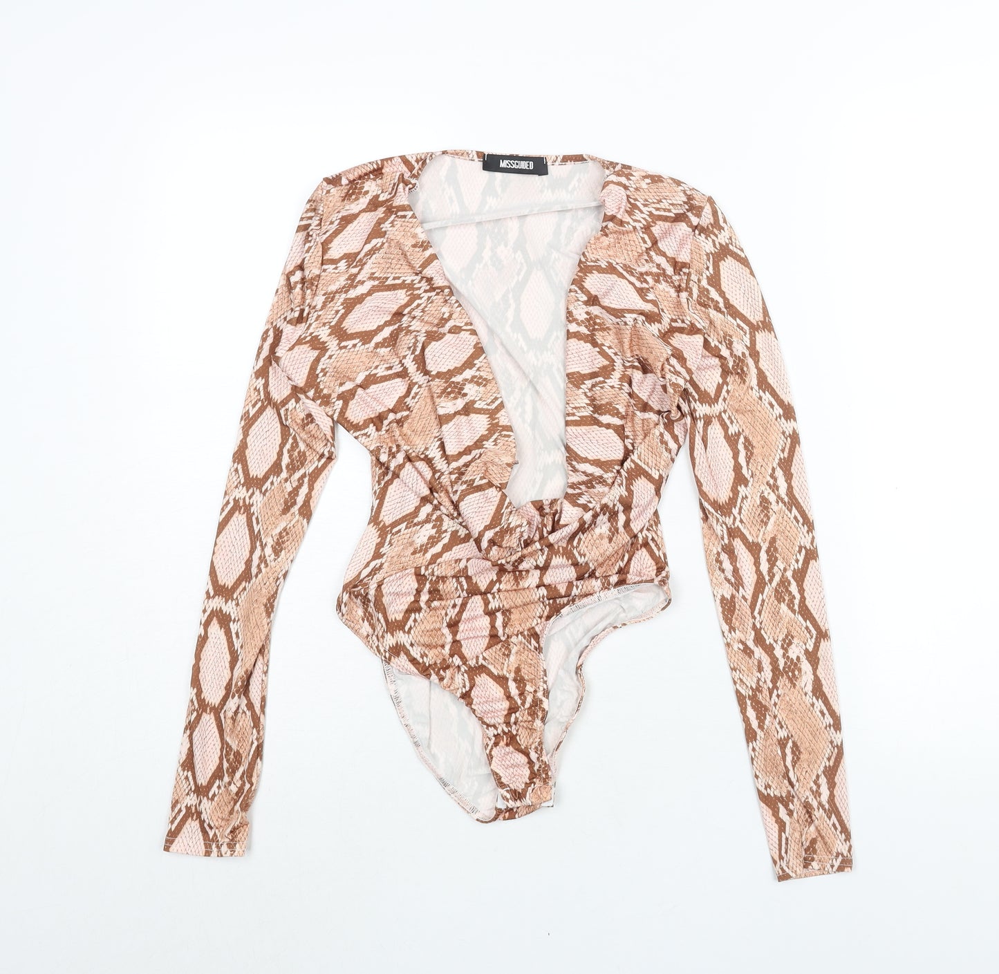 Misguided Womens Beige Animal Print Polyester Bodysuit One-Piece Size 4 Snap - Plunge Neck