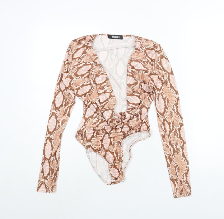Misguided Womens Beige Animal Print Polyester Bodysuit One-Piece Size 4 Snap - Plunge Neck