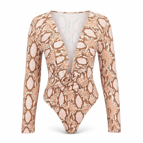Misguided Womens Beige Animal Print Polyester Bodysuit One-Piece Size 4 Snap - Plunge Neck