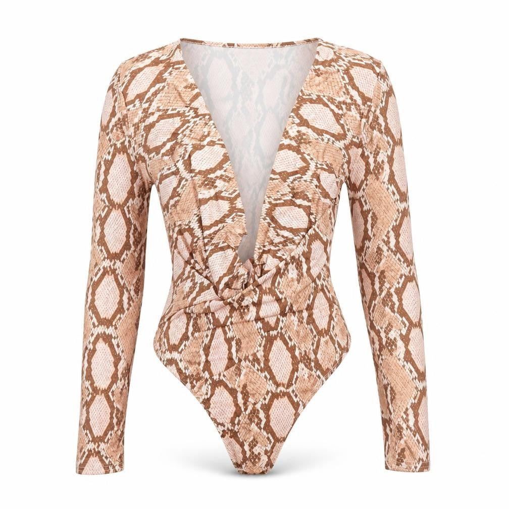 Misguided Womens Beige Animal Print Polyester Bodysuit One-Piece Size 4 Snap - Plunge Neck