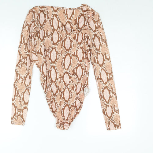 Misguided Womens Beige Animal Print Polyester Bodysuit One-Piece Size 4 Snap - Plunge Neck