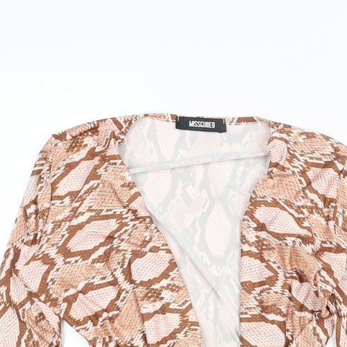 Misguided Womens Beige Animal Print Polyester Bodysuit One-Piece Size 4 Snap - Plunge Neck