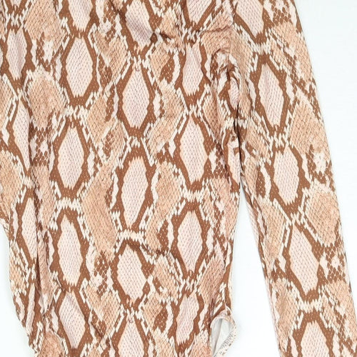Misguided Womens Beige Animal Print Polyester Bodysuit One-Piece Size 4 Snap - Plunge Neck